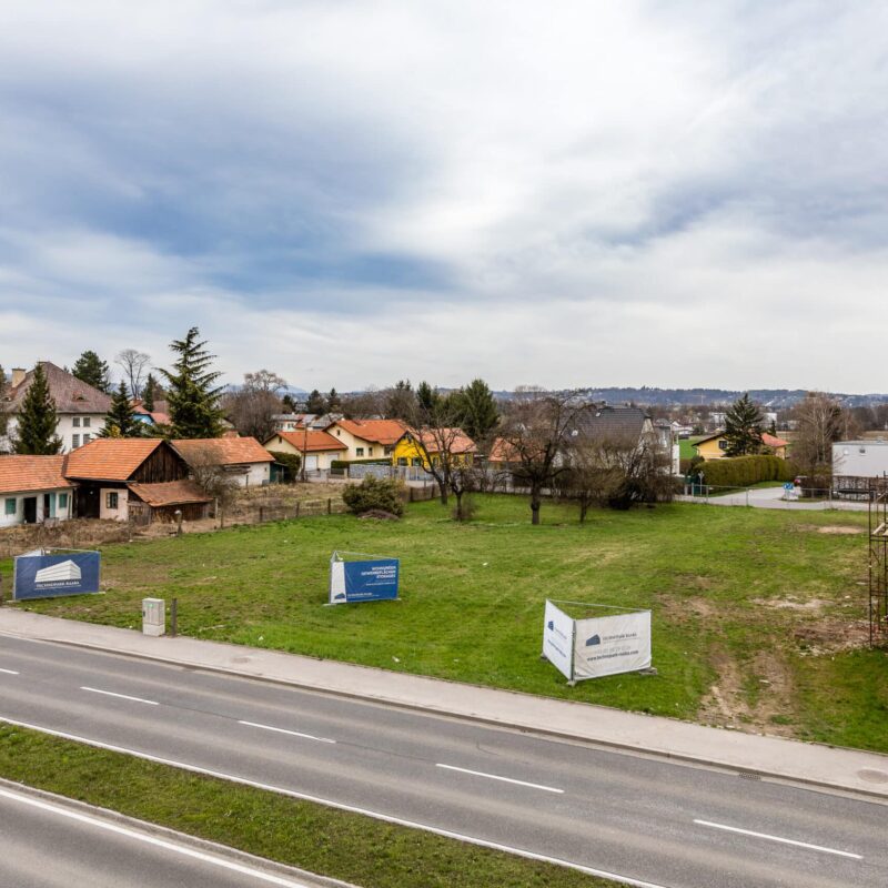 Straßenansicht mit freier Grünfläche und angrenzenden Gebäuden entlang der Triesterstraße.