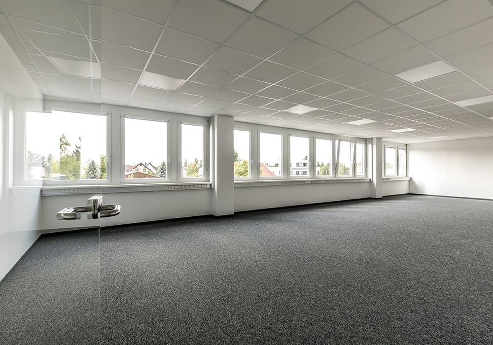 Modernes Büro in der Zetschegasse 11 mit großem Fenster und Teppichboden.